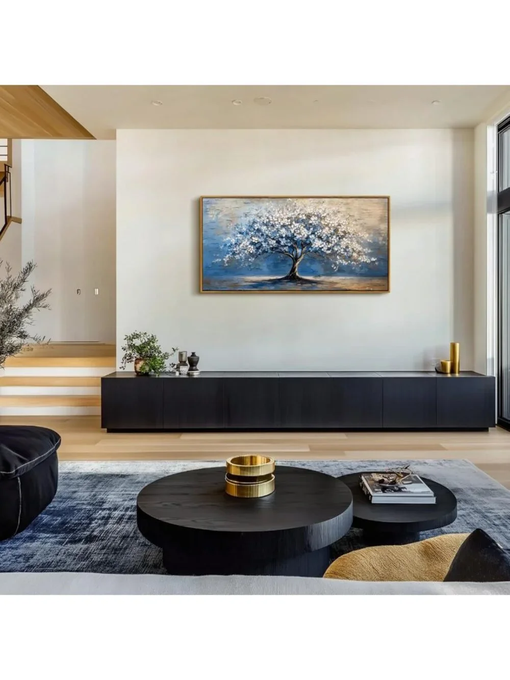 Large Framed Tree of Life Wall Art - Blue Abstract Cherry Blossom Decor 20x40